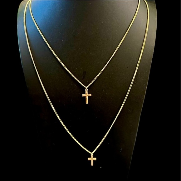 Vintage gold double layered chain necklace with cross pendants lariat Boho chic - Picture 1 of 1